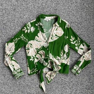 Rachel Zoe Green Linen Blend Palm Leaf Tie Front Crop Top Shirt